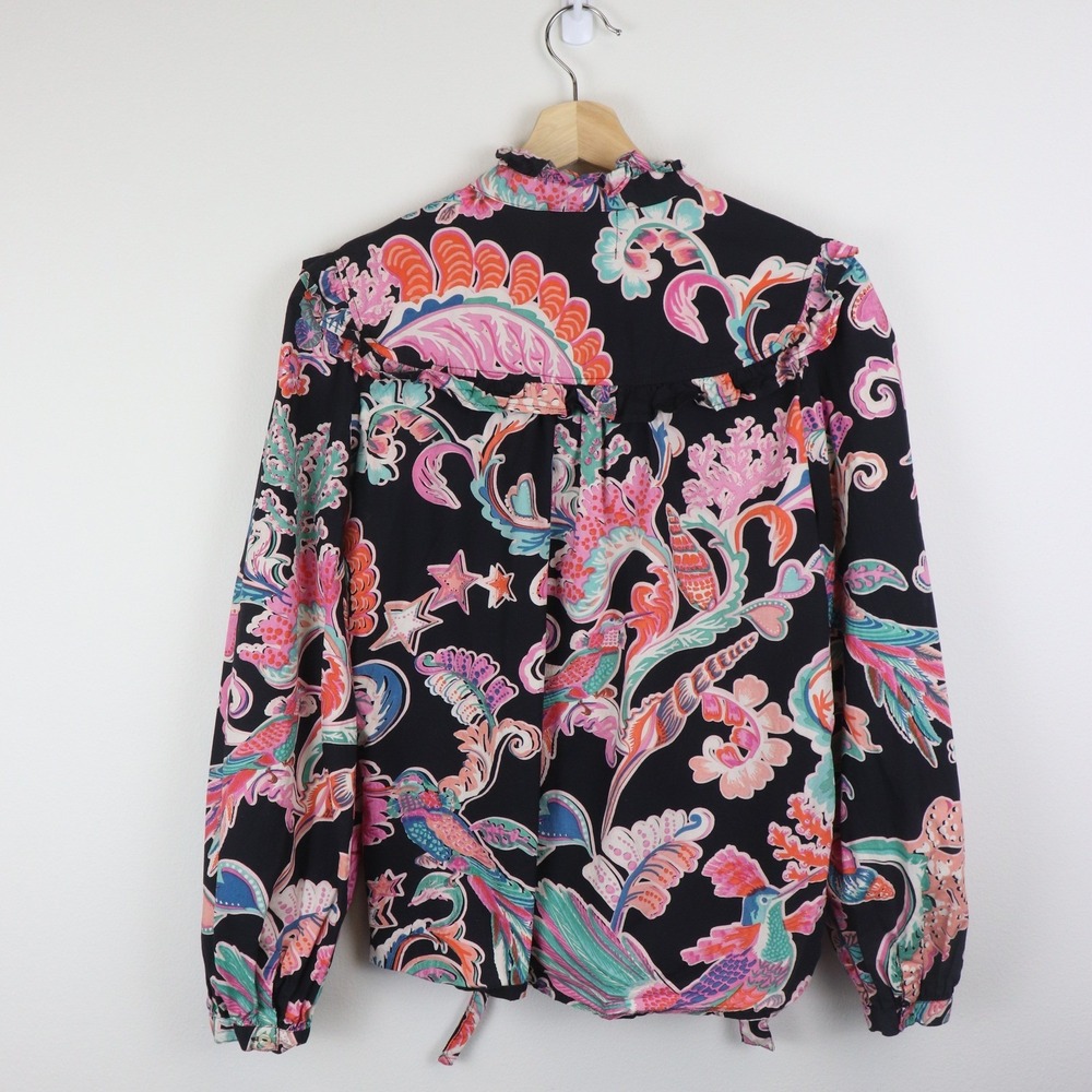 Banjanan Bethany Tie Neck Ruffle Top Small Rococo Fantasy Bird Print Black - Picture 2 of 7